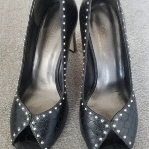 Talbots Black Studded Peep Toe Block Heels Size 6 - 3” Heel- Snake Embossed